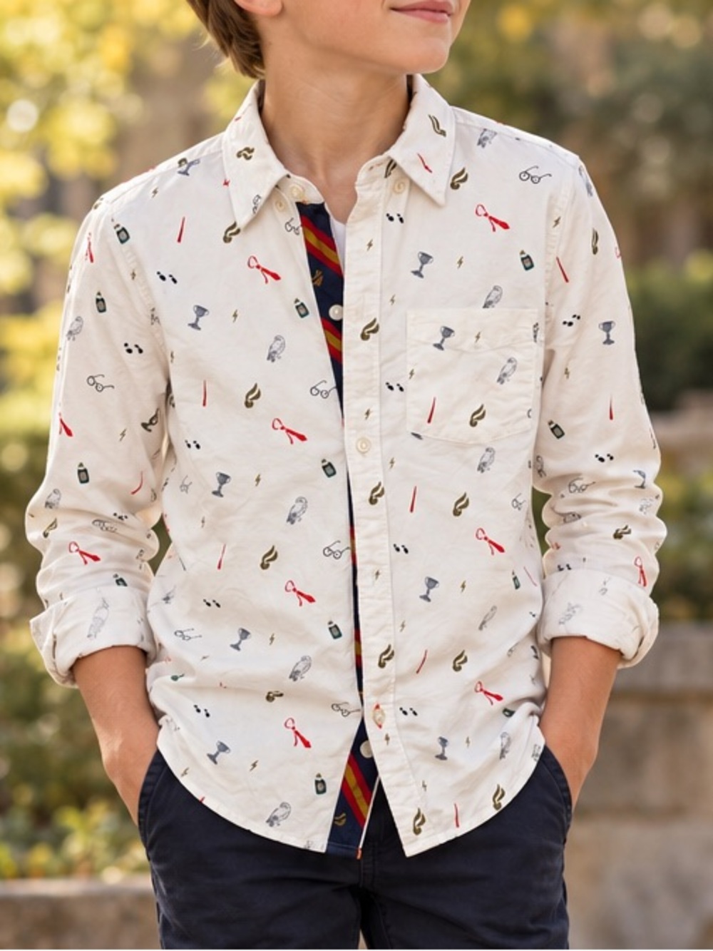 Mini Boden x Harry Potter Allover Icon Button Down Shirt 8-9Y
